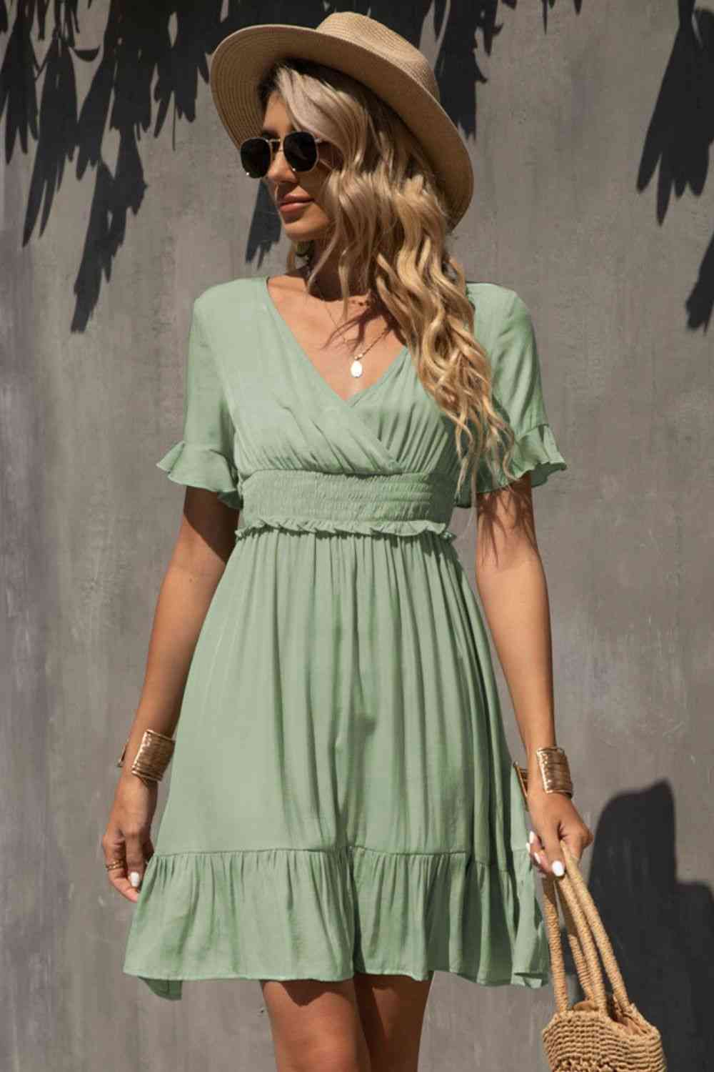 Smocked Waist Flounce Sleeve Ruffle Hem Dress -BazaarBey - www.shopbazaarbey.com
