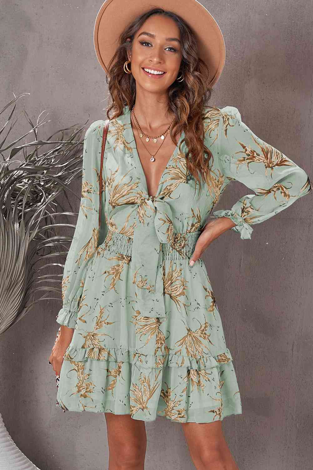 Floral Deep V Flounce Sleeve Mini Dress -BazaarBey - www.shopbazaarbey.com