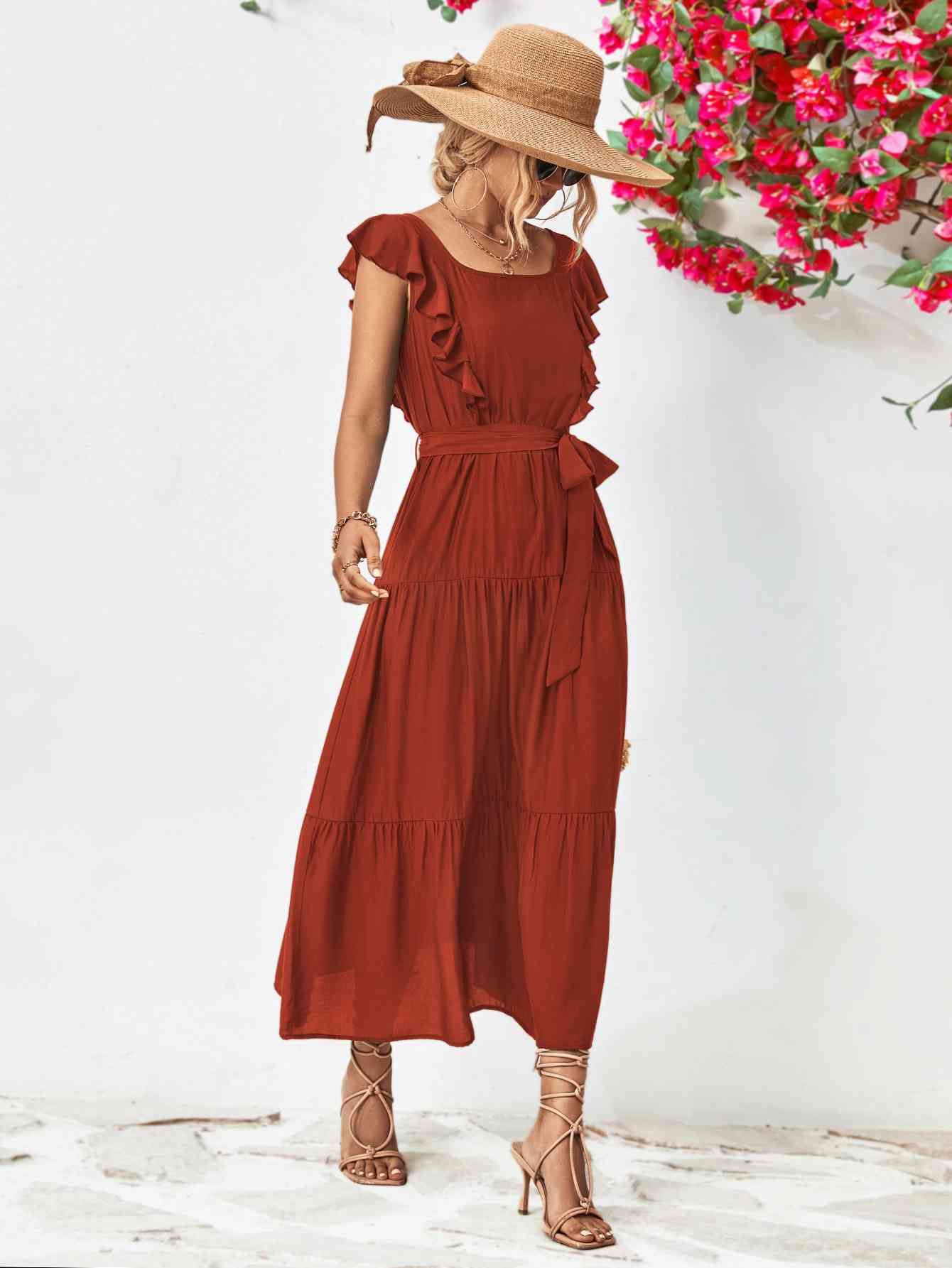 Tie Belt Ruffled Tiered Dress -BazaarBey - www.shopbazaarbey.com