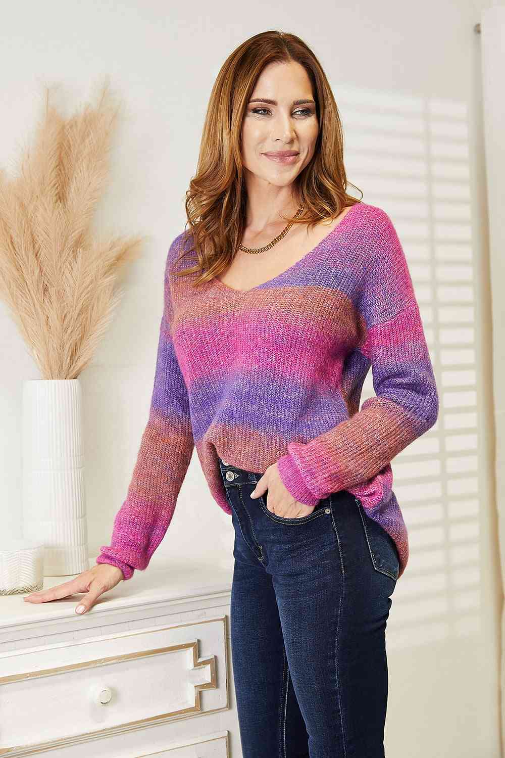  Multicolored Rib-Knit V-Neck Knit Pullover Bazaarbey