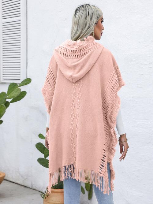 Fringe Trim Buttoned Hooded Poncho Bazaarbey
