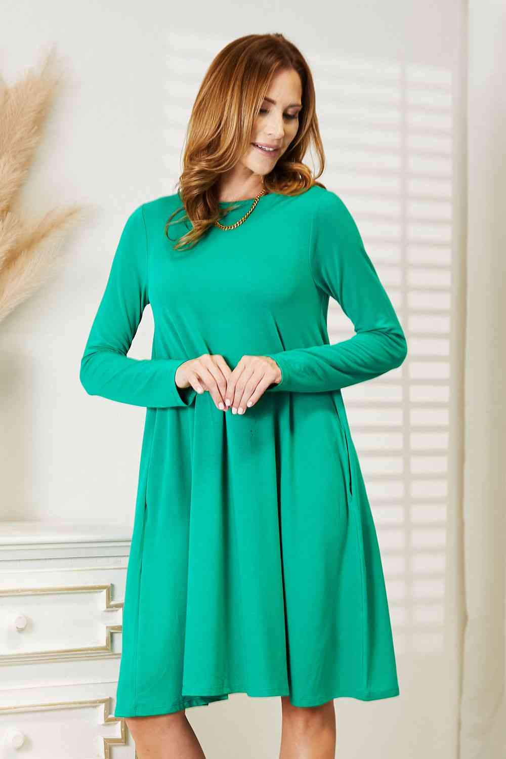  Full Size Long Sleeve Flare Dress with Pockets -BazaarBey - www.shopbazaarbey.com
