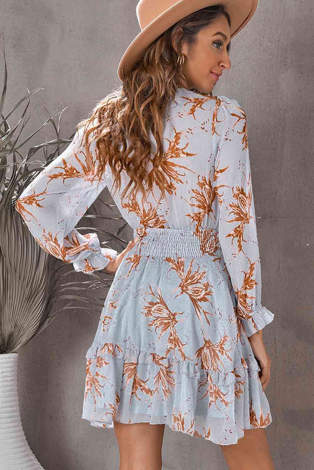 Floral Deep V Flounce Sleeve Mini Dress -BazaarBey - www.shopbazaarbey.com