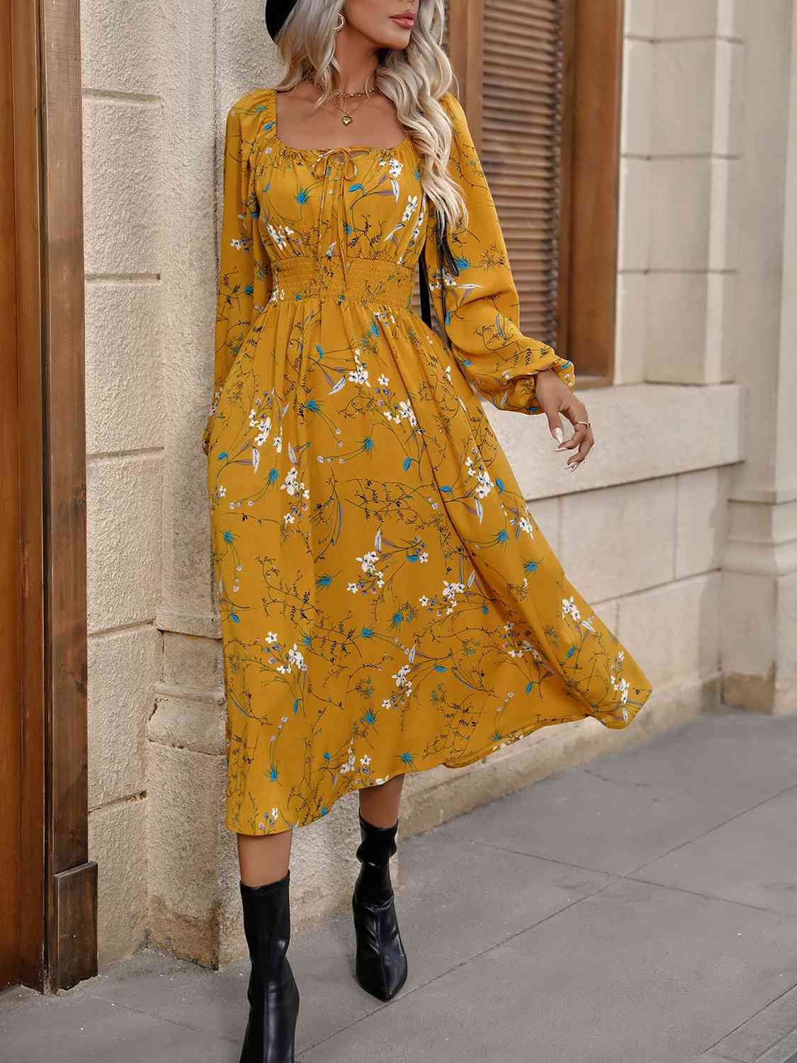 Square Neck Smocked Waist Dress -BazaarBey - www.shopbazaarbey.com