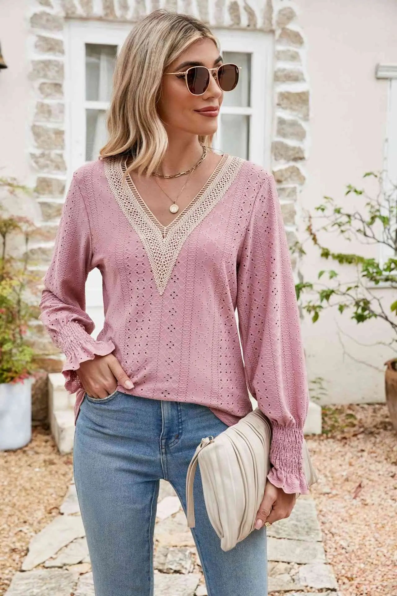  V-Neck Smocked Flounce Sleeve Blouse Bazaarbey
