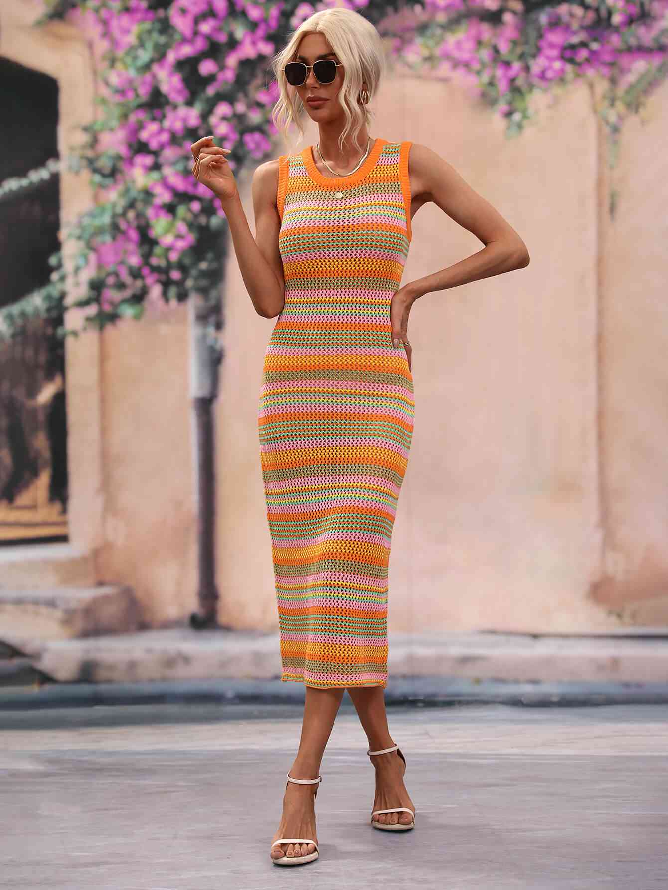Striped Round Neck Sleeveless Midi Cover Up Dress Bazaarbey