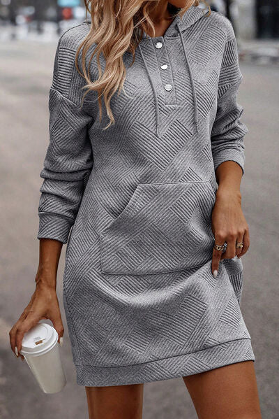 Texture Half Snap Drawstring Hooded Dress Bazaarbey
