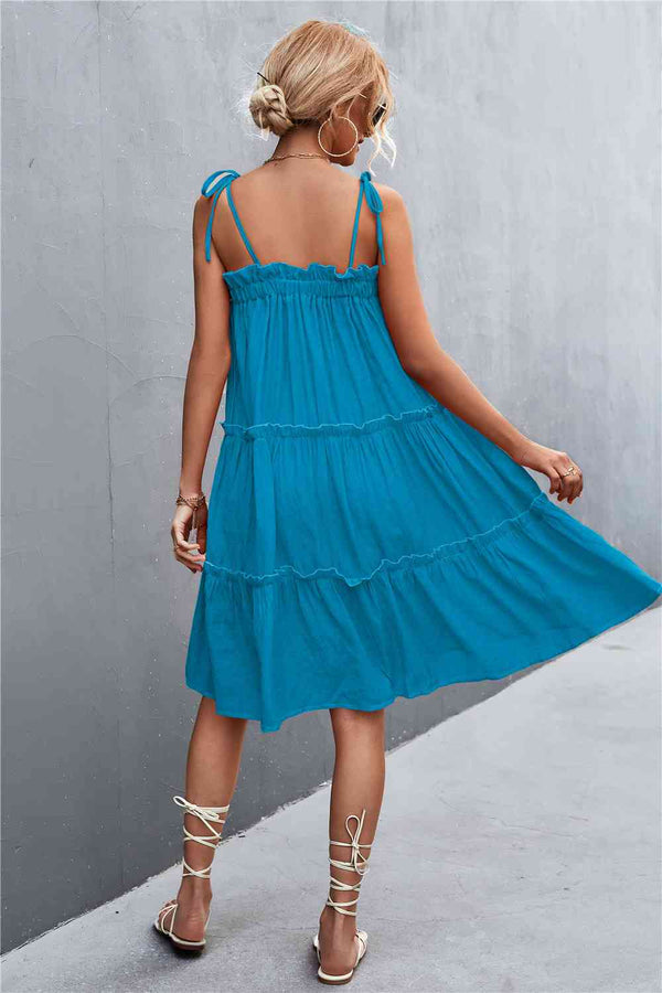 Tie-Shoulder Frill Trim Sleeveless Dress -BazaarBey - www.shopbazaarbey.com