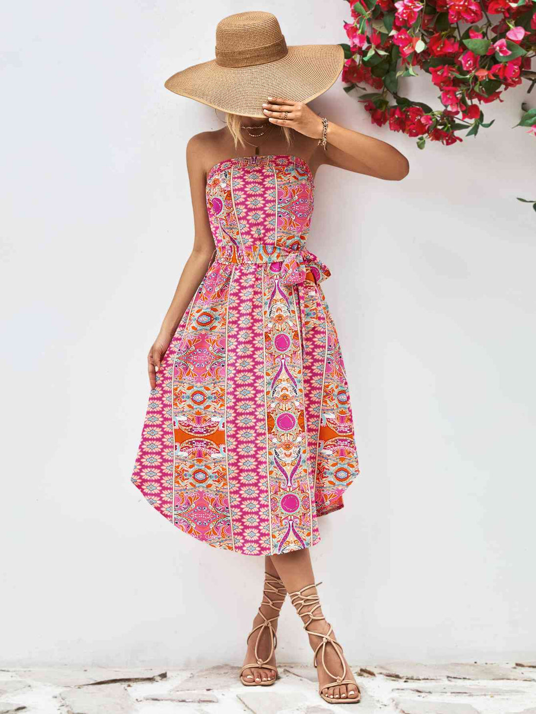 Printed Strapless Tie Belt Dress -BazaarBey - www.shopbazaarbey.com