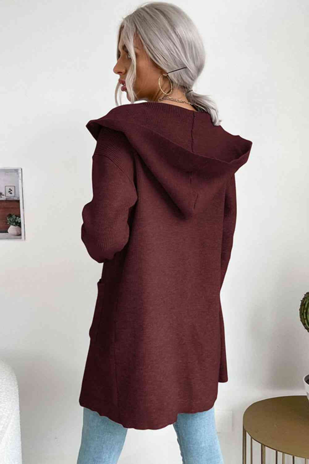  Ribbed Open Front Hooded Cardigan with Pockets Bazaarbey