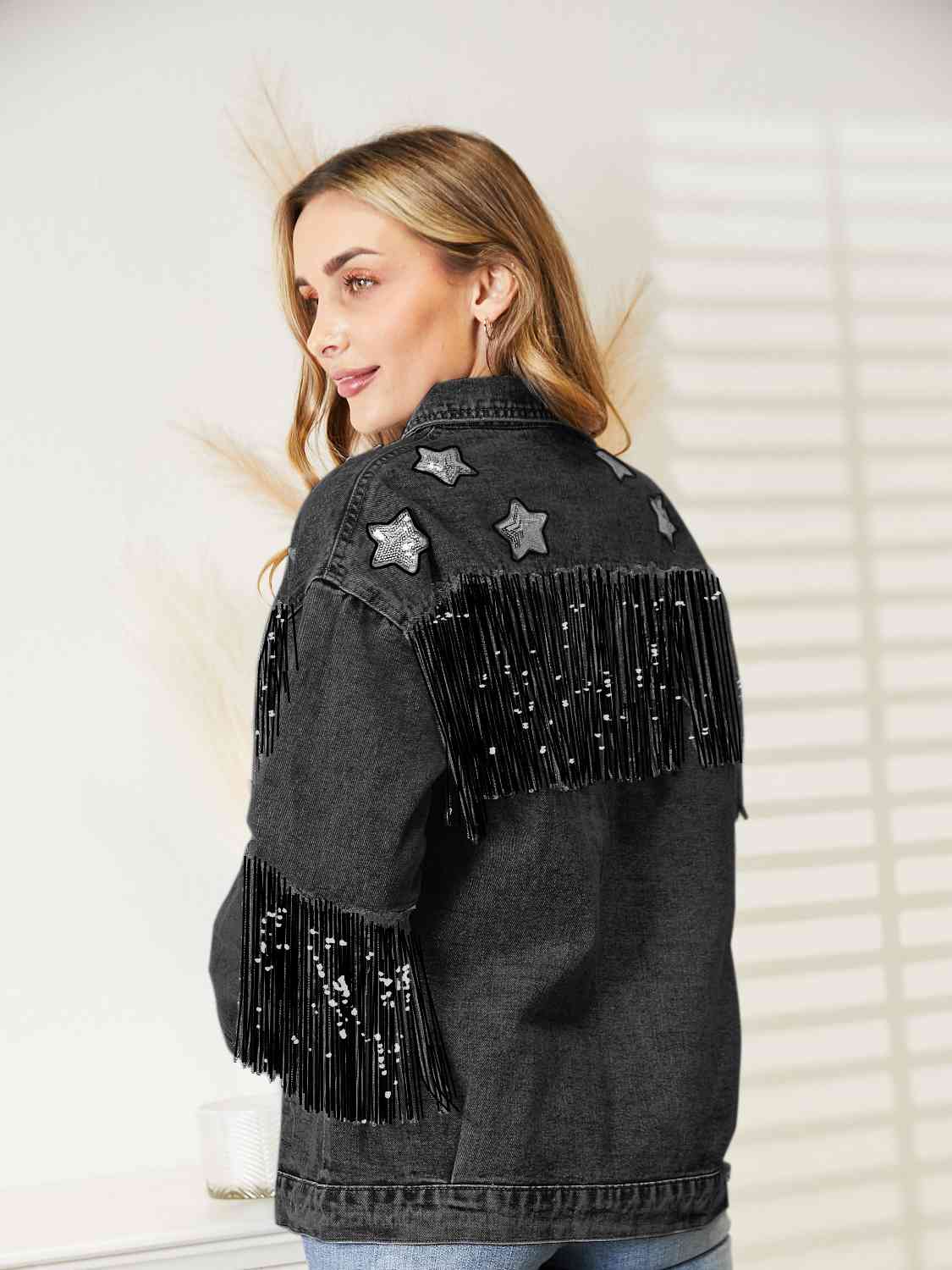 Fringe Detail Long Sleeve Denim Jacket Bazaarbey
