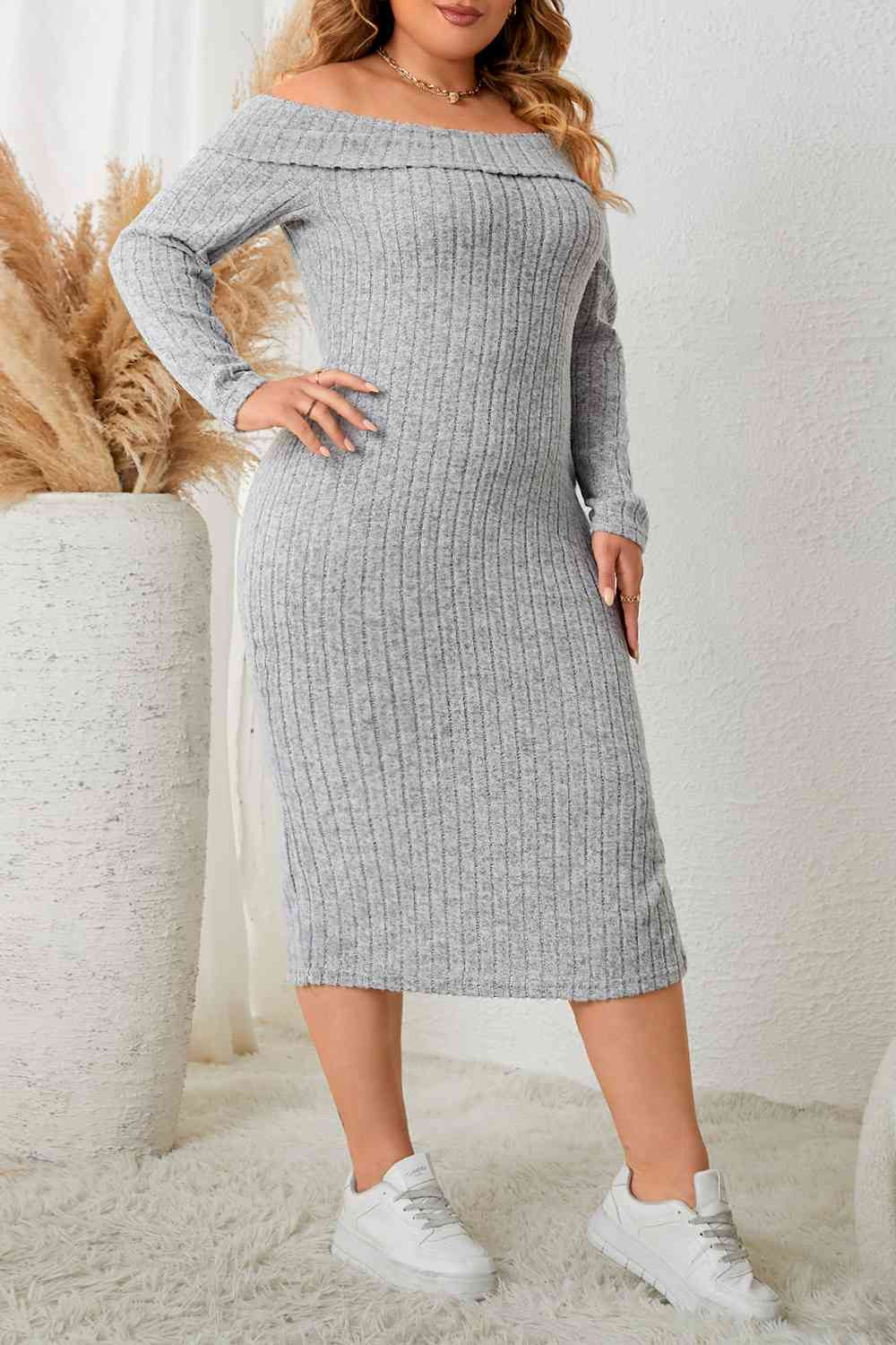 Plus Size Square Neck Long Sleeve Slit Dress -BazaarBey - www.shopbazaarbey.com