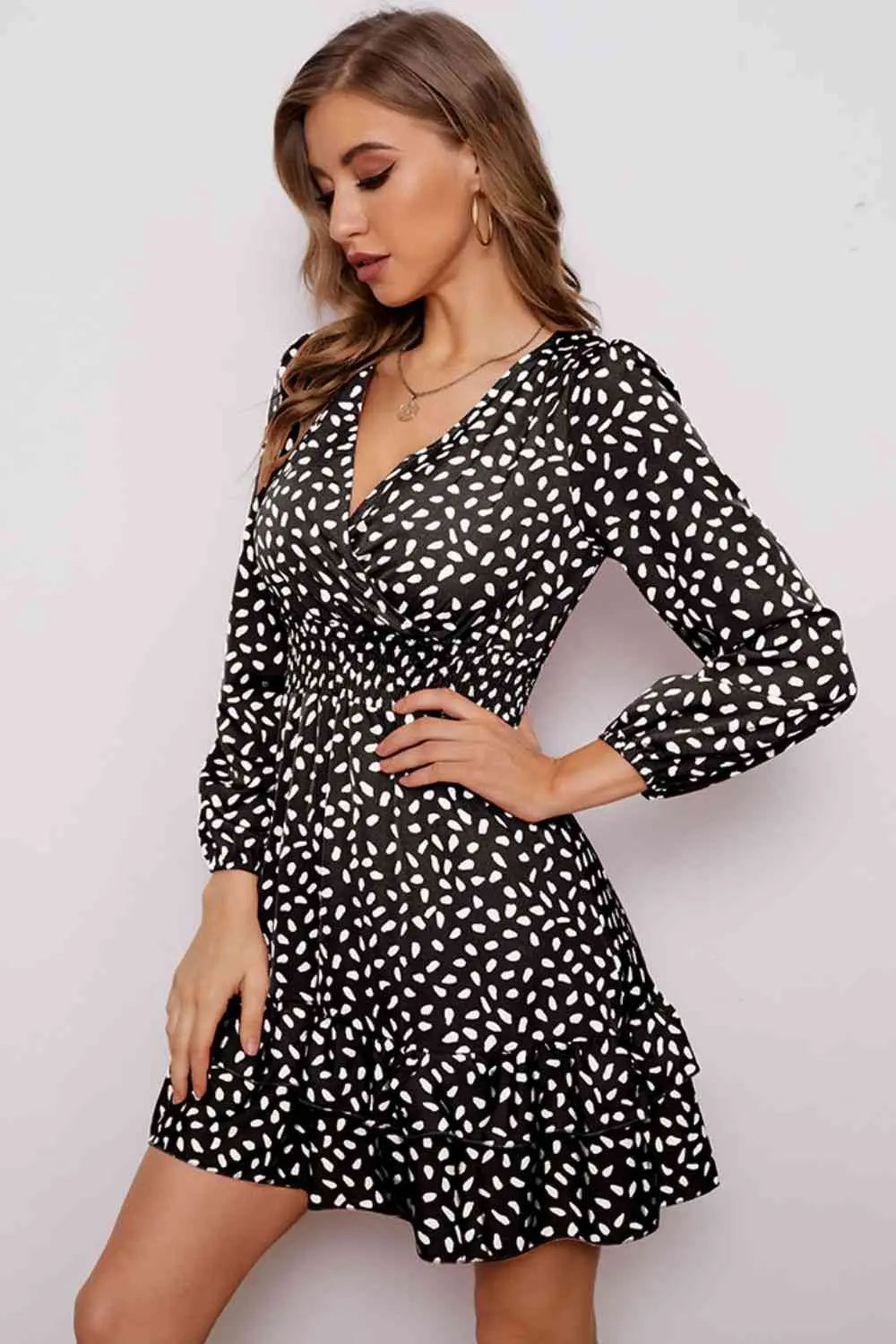 Printed  Neck Puff Sleeve Ruffle Hem Dress -BazaarBey - www.shopbazaarbey.com