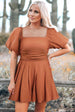 Square Neck Pleated Romper with Pockets -BazaarBey - www.shopbazaarbey.com