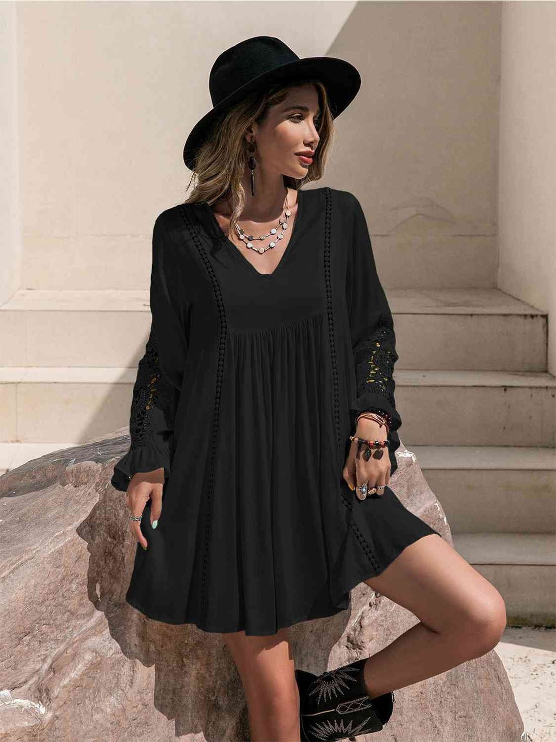 Lace Detail V-Neck Mini Dress Bazaarbey
