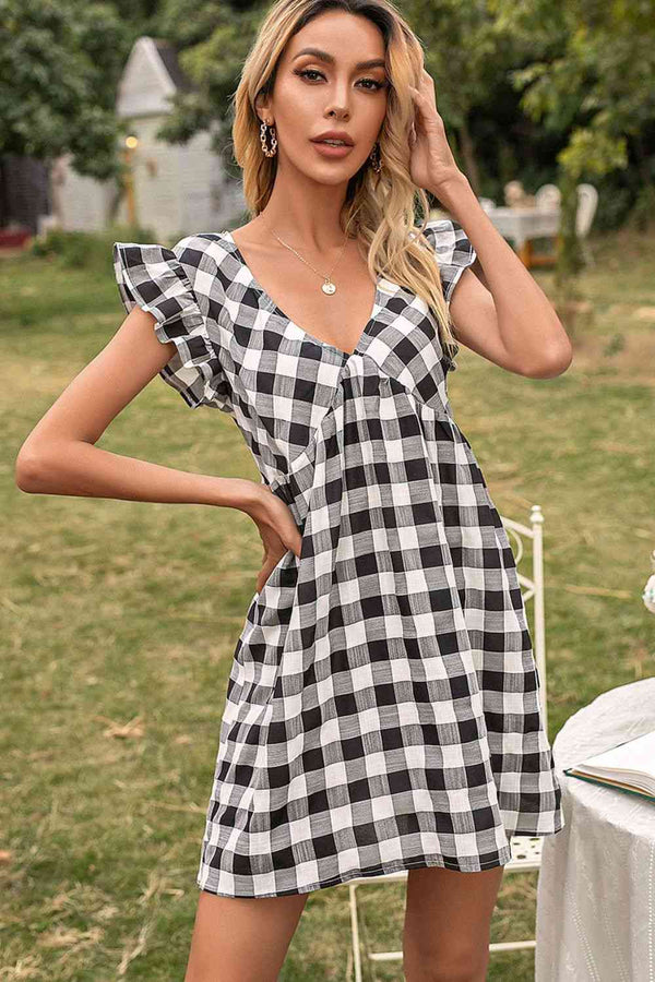 Plaid Butterfly Sleeve Deep V Dress -BazaarBey - www.shopbazaarbey.com