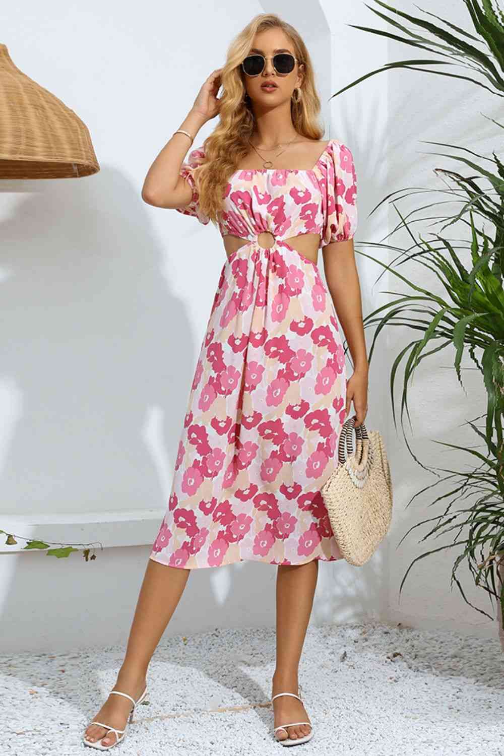 Floral Cutout Square Neck Puff Sleeve Dress -BazaarBey - www.shopbazaarbey.com