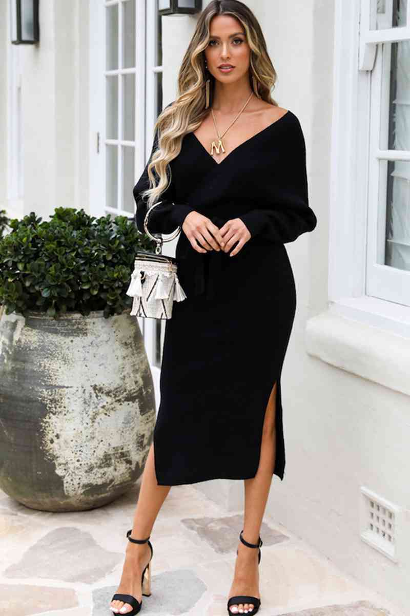 Surplice Neck Bow Waist Slit Sweater Dress Bazaarbey