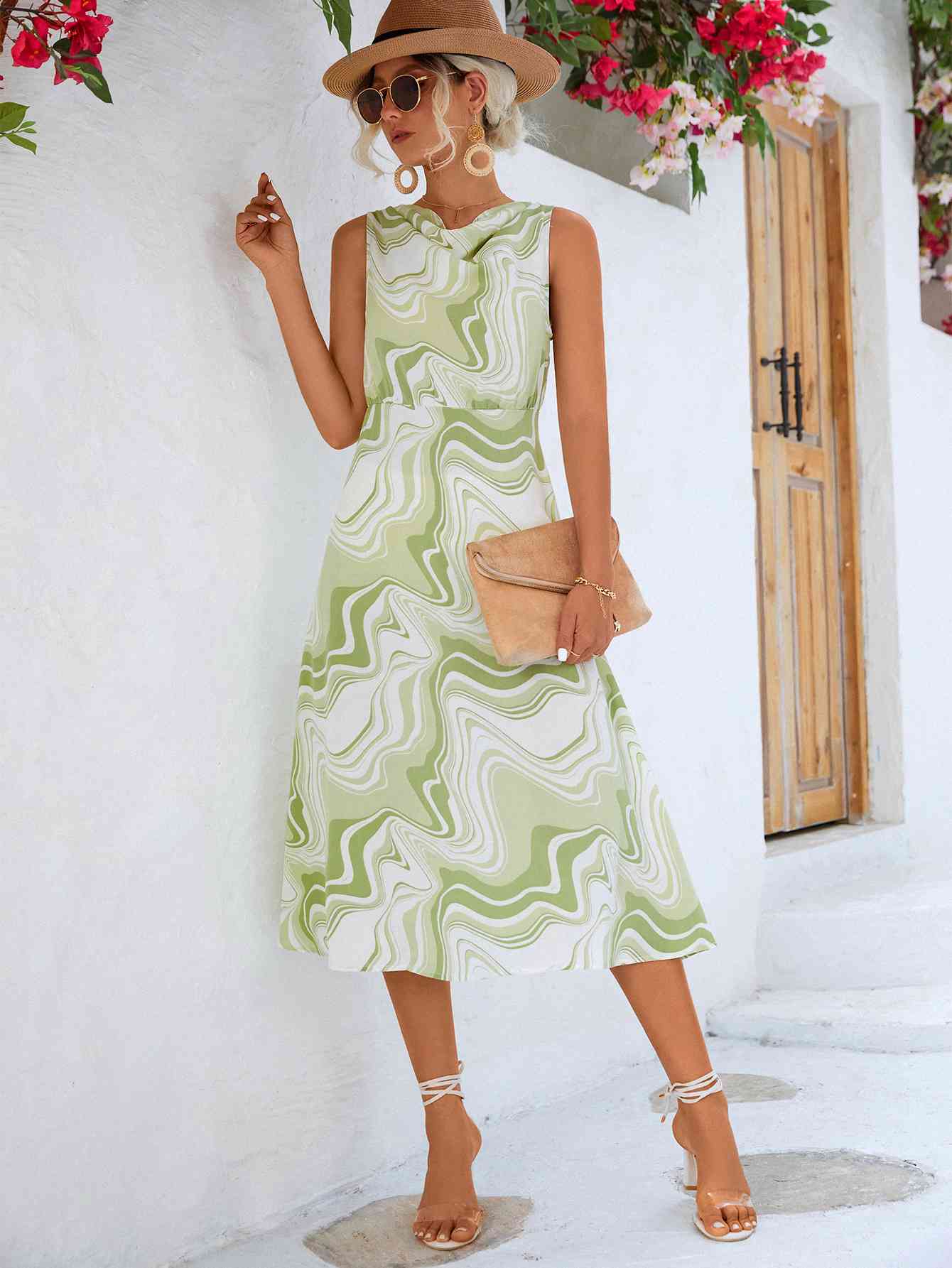 Printed Cowl Neck Sleeveless Dress -BazaarBey - www.shopbazaarbey.com