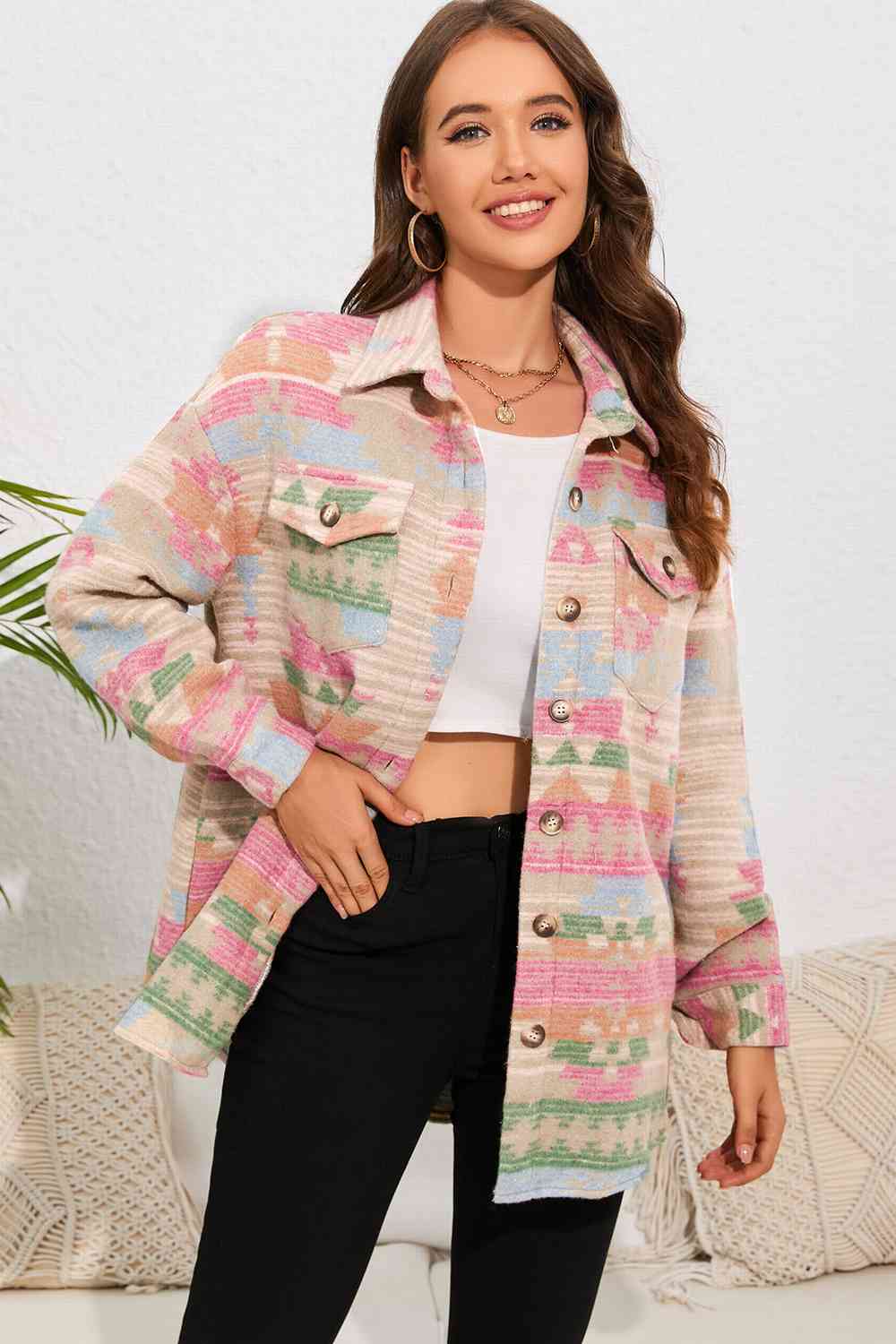 Geometric Button Down Collared Jacket Trendsi