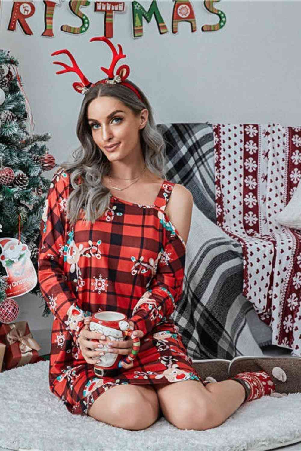 Christmas Asymmetrical Neck Long Sleeve Dress -BazaarBey - www.shopbazaarbey.com