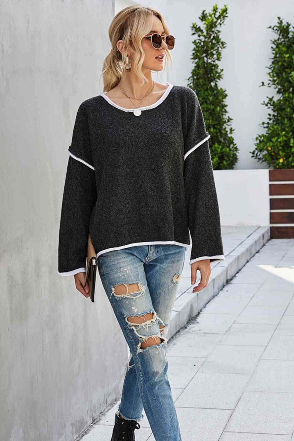 Round Neck Dropped Shoulder Sweater Bazaarbey