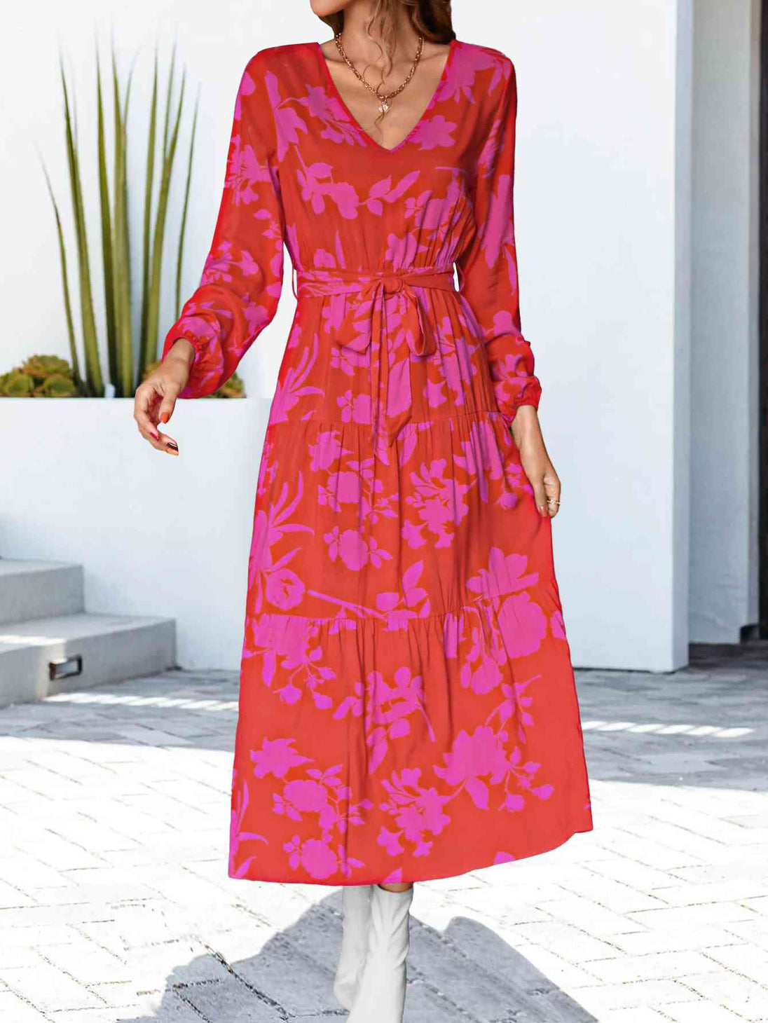 Floral V-Neck Long Sleeve Dress -BazaarBey - www.shopbazaarbey.com