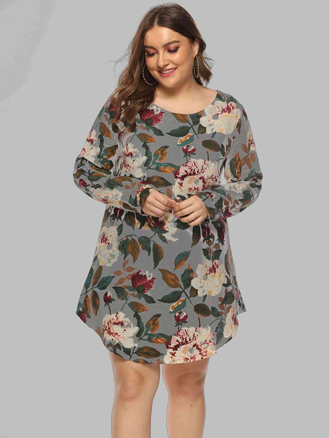 Full Size Floral Long Sleeve Mini Dress -BazaarBey - www.shopbazaarbey.com