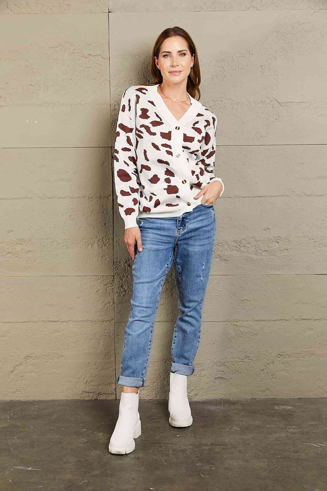 Woven Right Animal Print Button Front Sweater Cardigan Trendsi