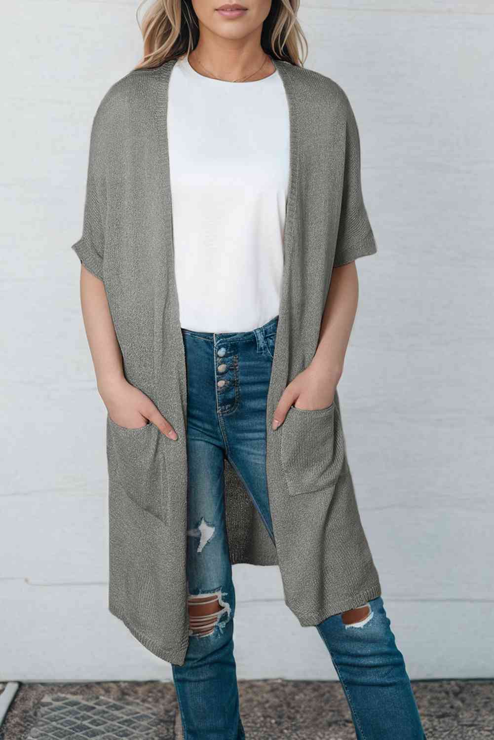 Open Front Sweater Cardigan with Pockets Trendsi