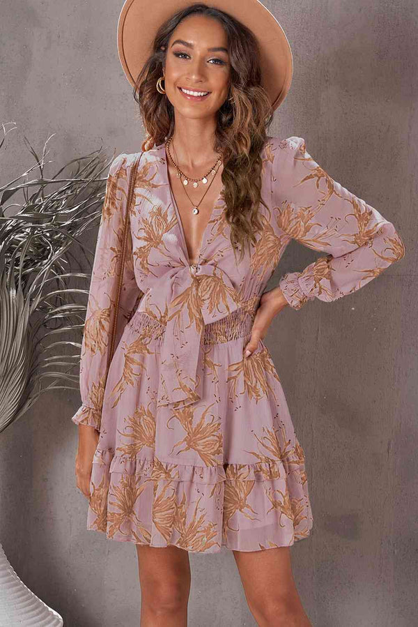 Floral Deep V Flounce Sleeve Mini Dress -BazaarBey - www.shopbazaarbey.com
