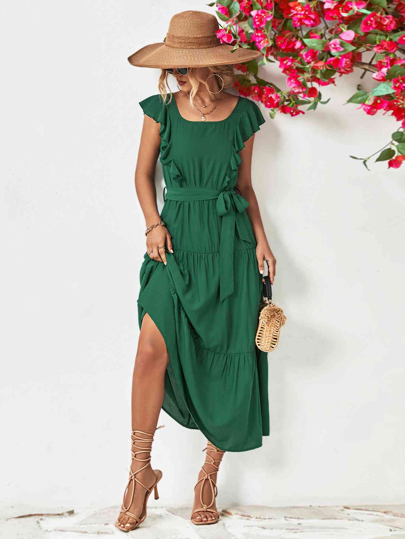 Tie Belt Ruffled Tiered Dress -BazaarBey - www.shopbazaarbey.com