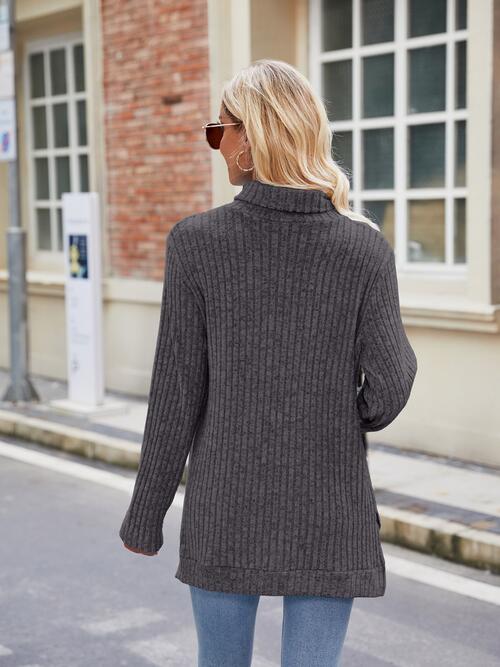 Ribbed Turtleneck Long Sleeve Slit Knit Top Bazaarbey