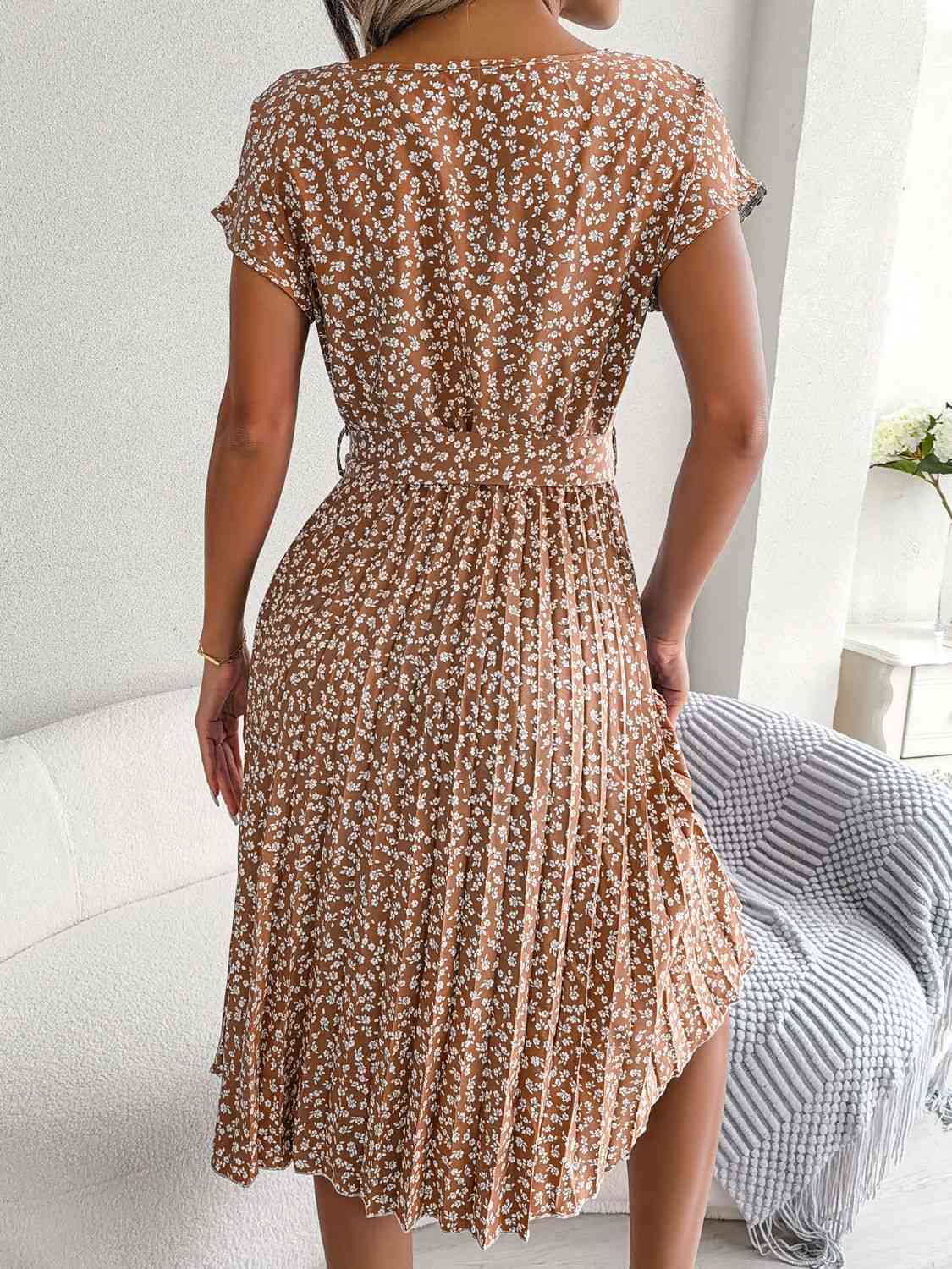  Floral Pleated Belted Dress -BazaarBey - www.shopbazaarbey.com