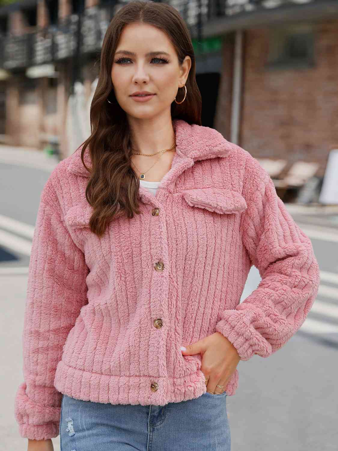 Collared Neck Button Up Jacket Trendsi