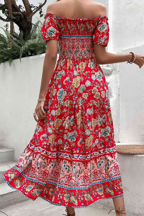 Floral Off-Shoulder Smocked Midi Dress -BazaarBey - www.shopbazaarbey.com