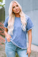 Round Neck Raglan Sleeve Raw Hem Denim Top Bazaarbey