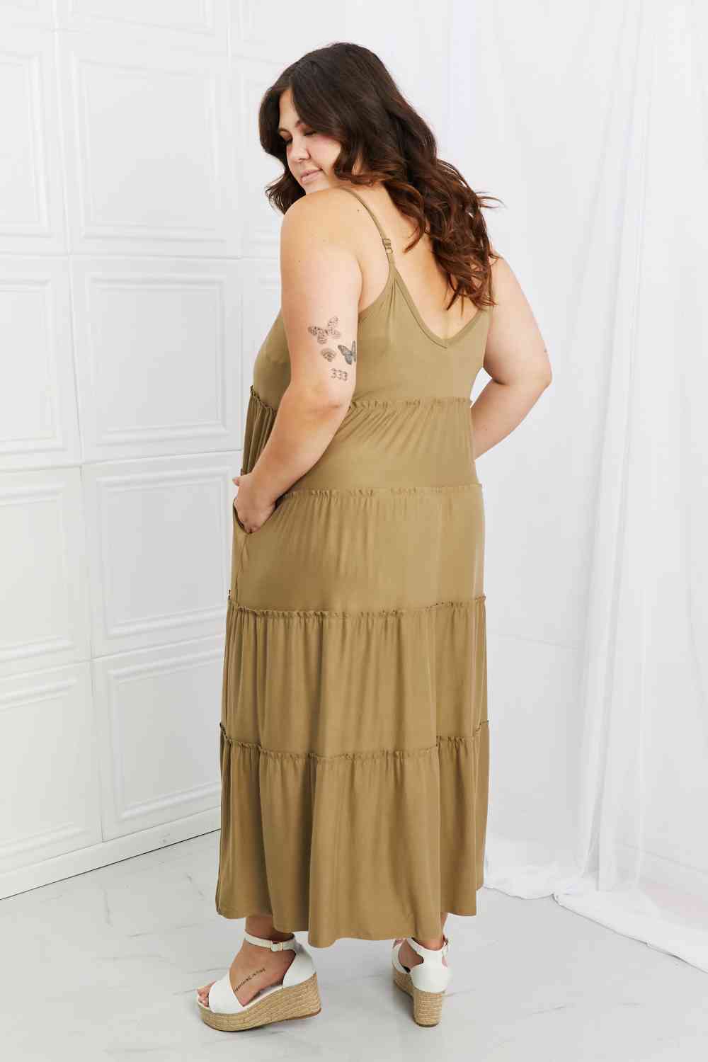 Zenana Full Size Spaghetti Strap Tiered Dress with Pockets in Khaki -BazaarBey - www.shopbazaarbey.com