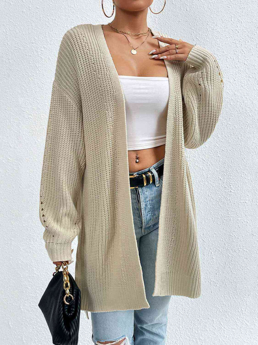 Open Front Dropped Shoulder Slit Cardigan Bazaarbey