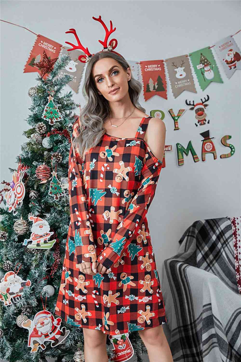 Christmas Asymmetrical Neck Long Sleeve Dress -BazaarBey - www.shopbazaarbey.com