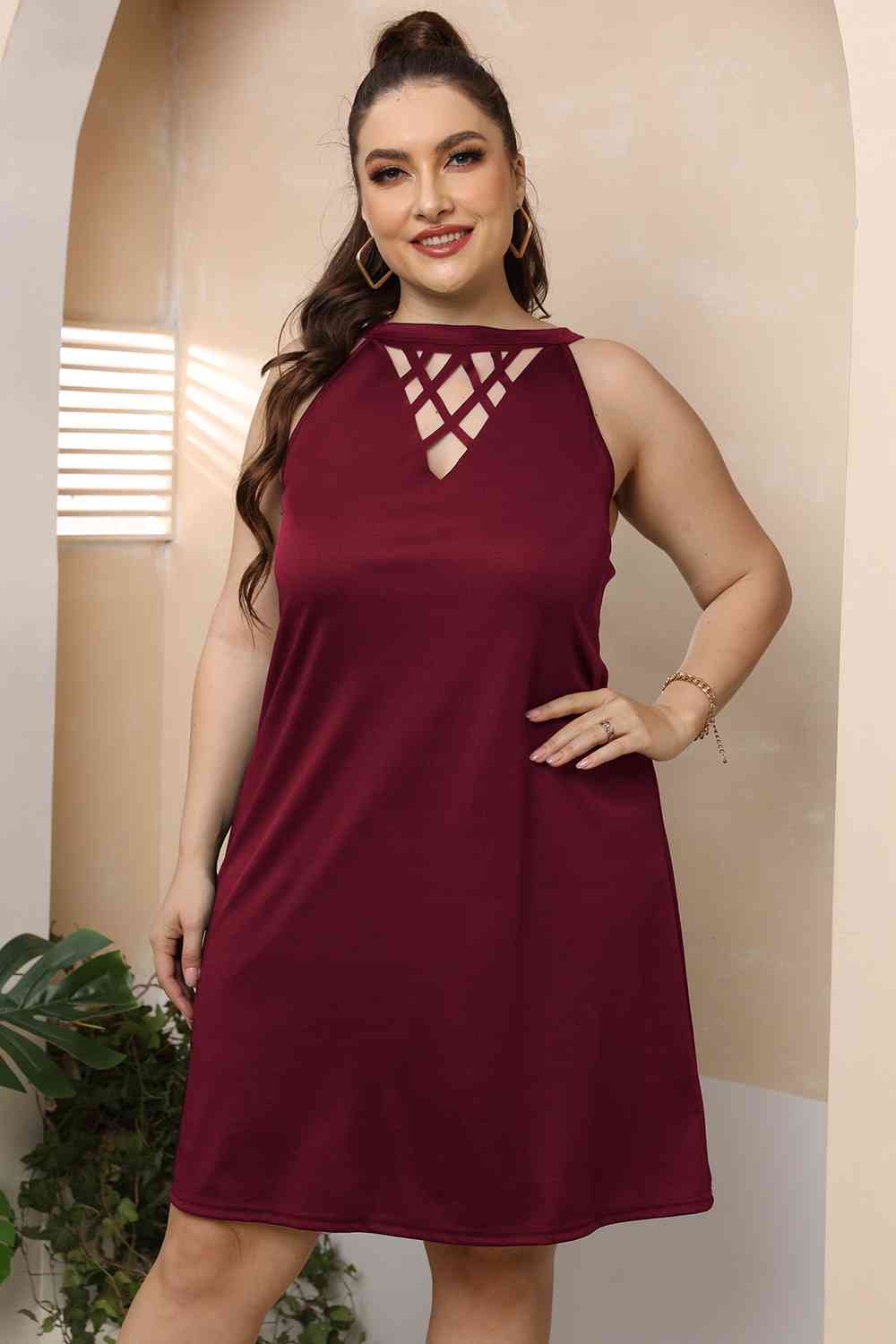 Plus Size Cutout Round Neck Sleeveless Dress -BazaarBey - www.shopbazaarbey.com