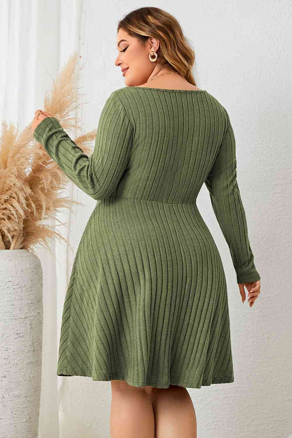 Plus Size Sweetheart Neck Long Sleeve Ribbed Dress -BazaarBey - www.shopbazaarbey.com