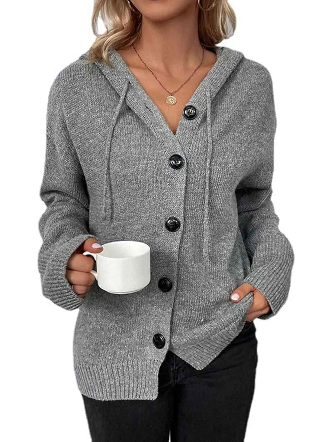 Button Up Drawstring Long Sleeve Hooded Cardigan Bazaarbey