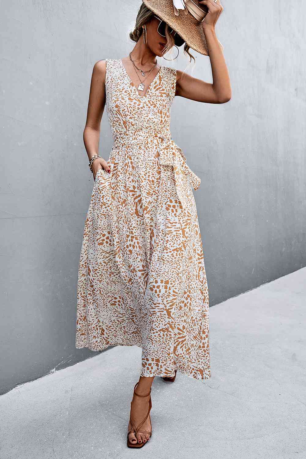 Printed V-Neck Tie Waist Maxi Dress Bazaarbey