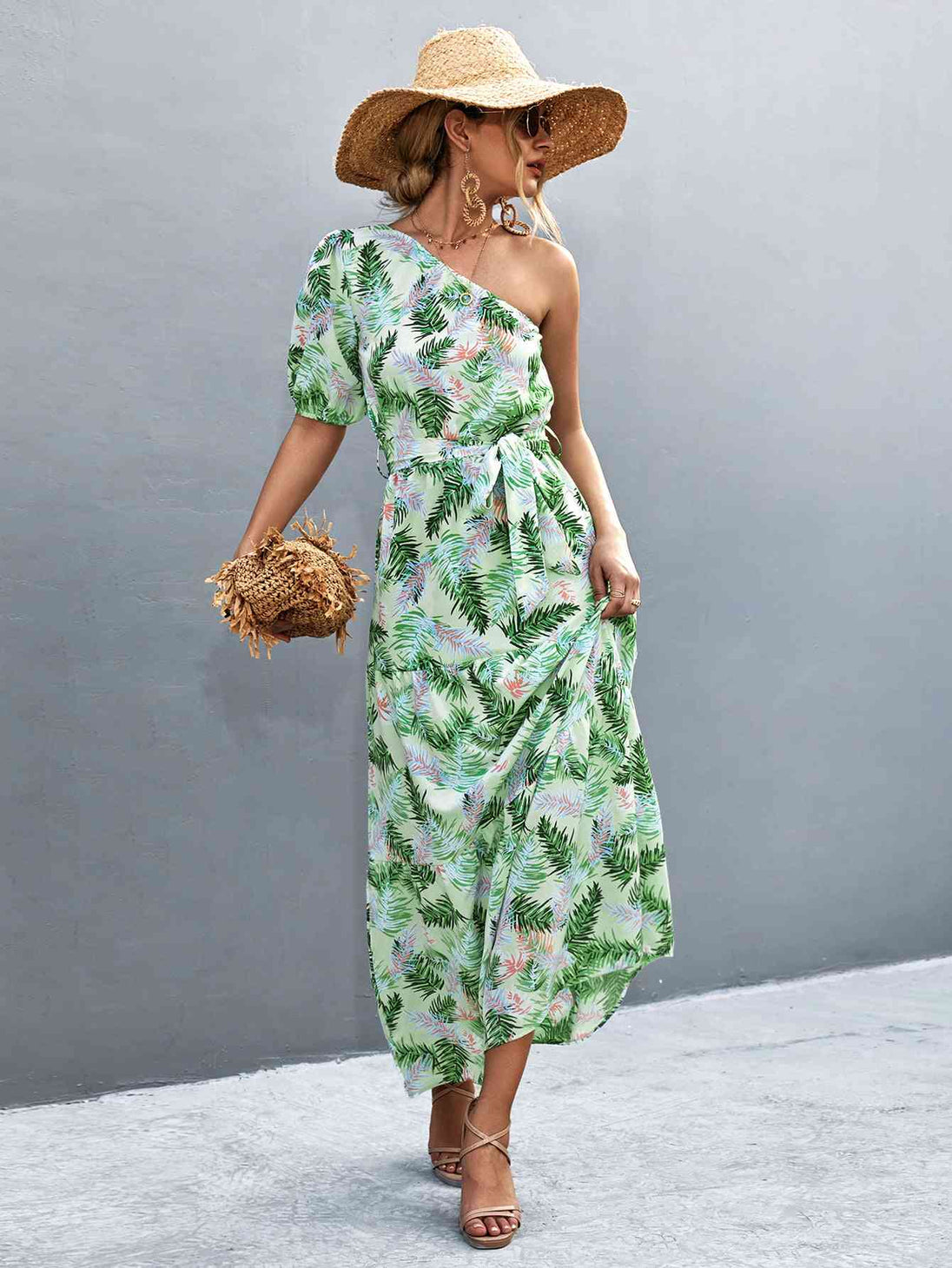 Printed Tie Waist One Shoulder Maxi Dress Bazaarbey