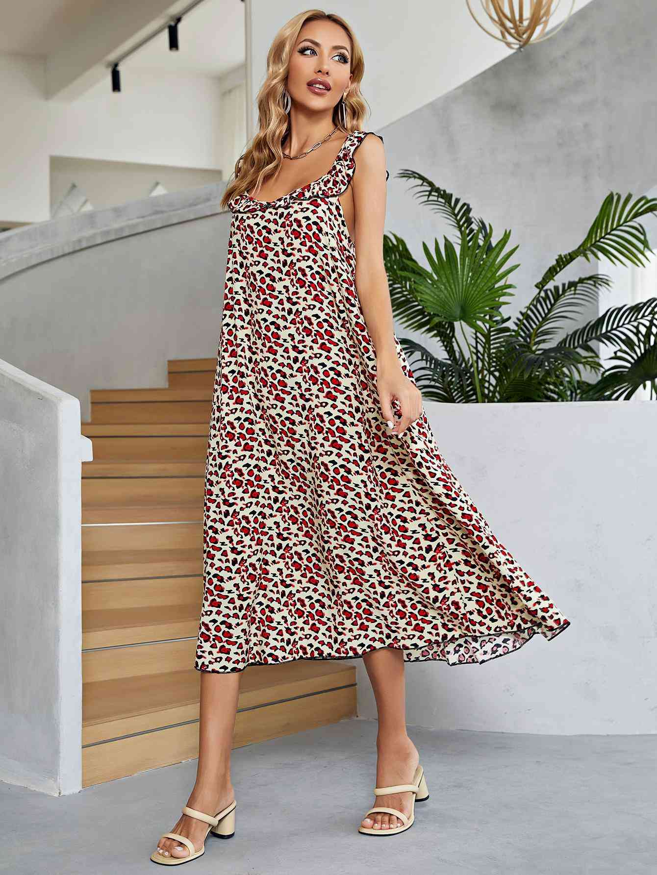 Printed Ruffled Sleeveless Midi Dress -BazaarBey - www.shopbazaarbey.com