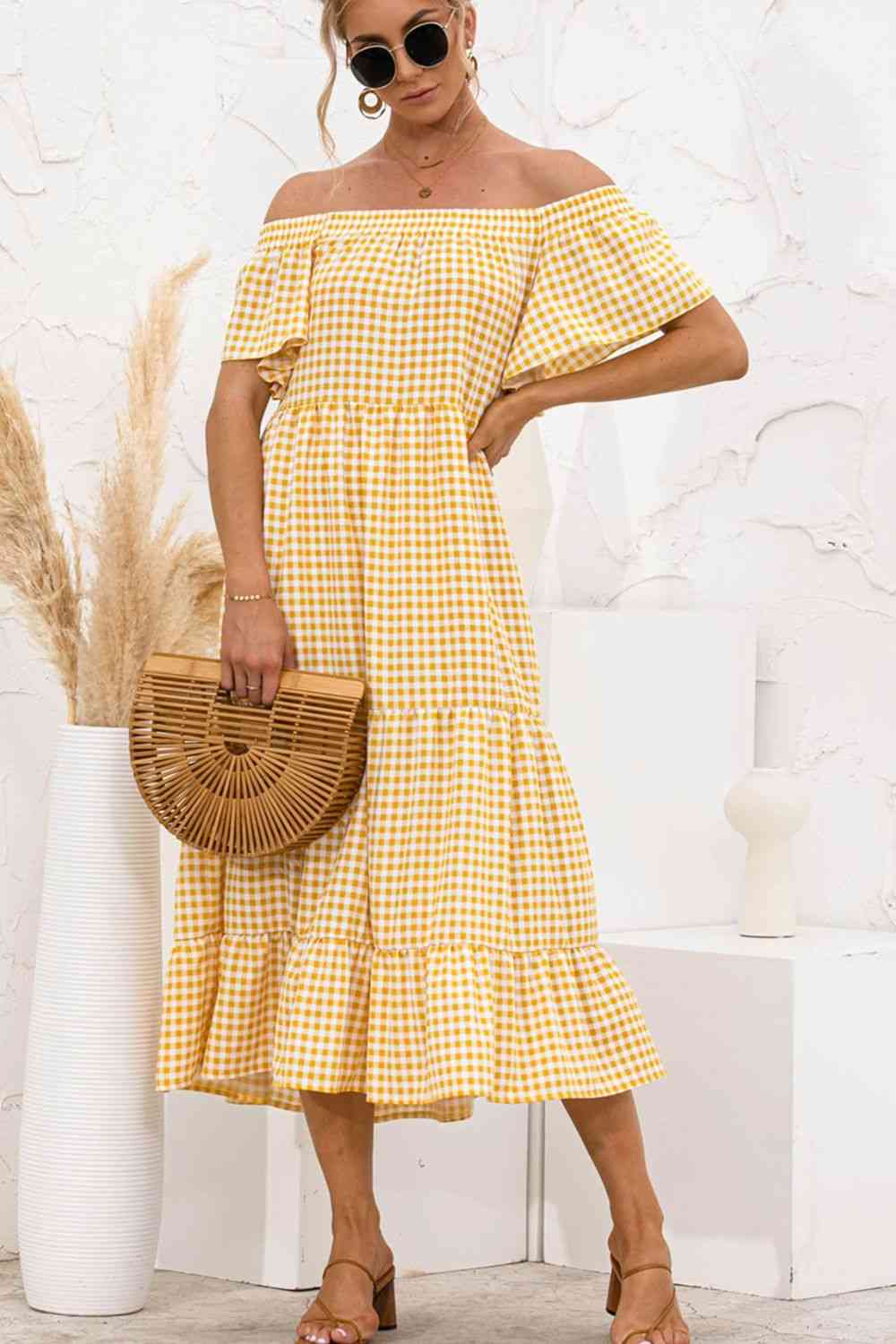 Plaid Off-Shoulder Tiered Midi Dress -BazaarBey - www.shopbazaarbey.com