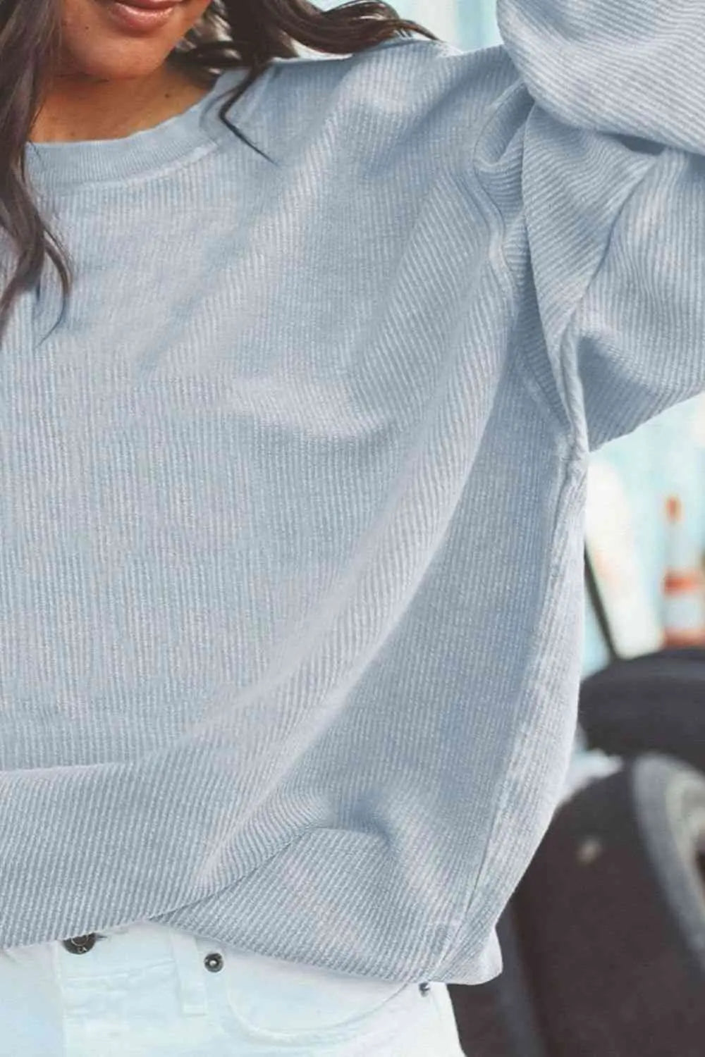 Ribbed Round Neck Drop Shoulder Sweatshirt Bazaarbey