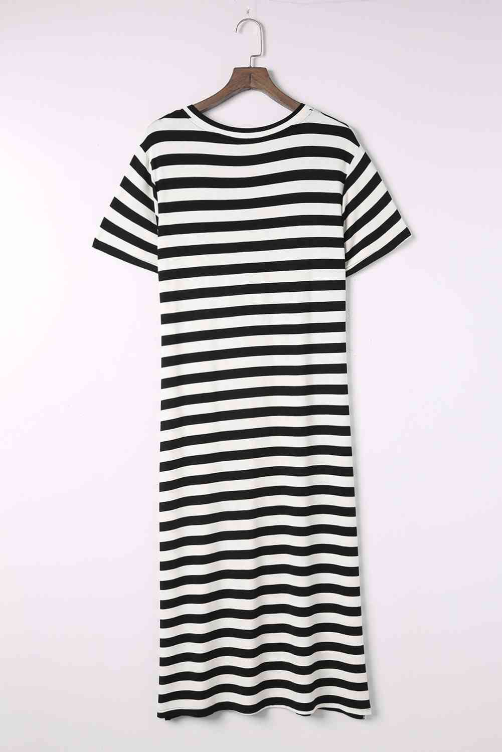 Striped V-Neck Short Sleeve Side Slit Dress -BazaarBey - www.shopbazaarbey.com