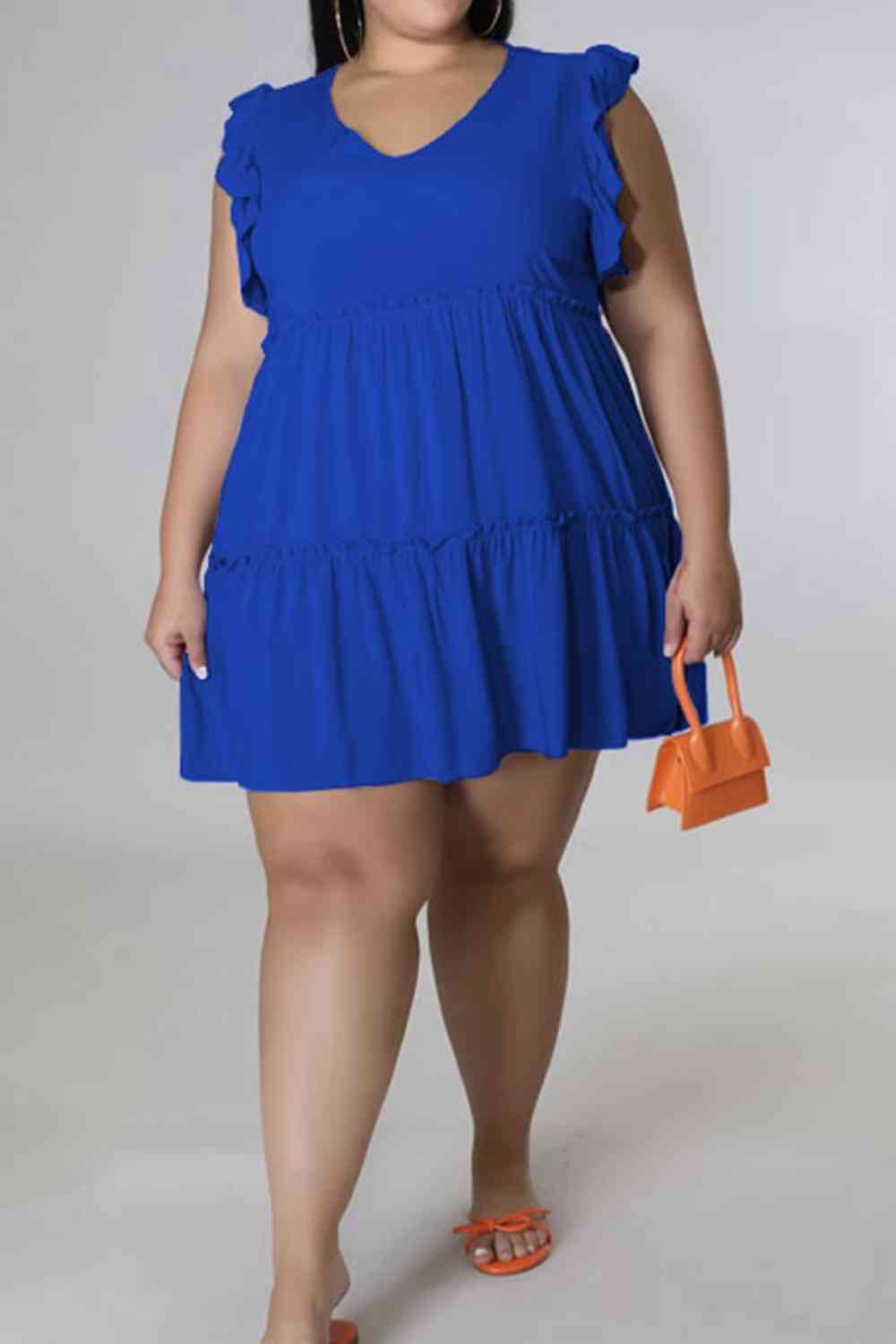 Plus Size V-Neck Frill Trim Mini Dress -BazaarBey - www.shopbazaarbey.com